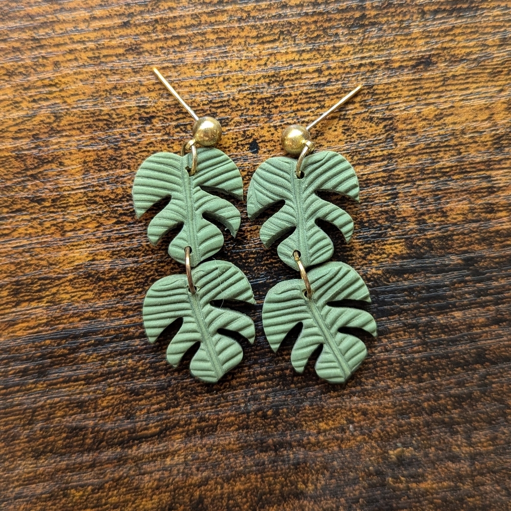 monstera earrings, dangle